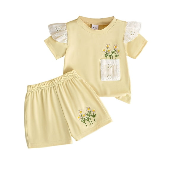 Gubotare Cute Baby Girl Clothes Summer Toddler Girl Clothes Ruffle Floral Embroidery Shirt and Shorts Set (Light Yellow,Size 12-18 Months)