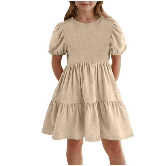 Gubotare Cute Dresses for Teen Girls Girls Short Sleeve Casual Cartoon Appliques Striped Dresses (Khaki,Size 11-12 Years)