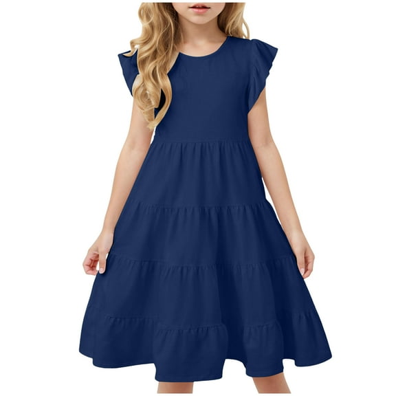 Gubotare Cute Dresses for Teen Girls Toddler Girls Dress Cotton Linen Ruffle Short Sleeve Kids Casual Party Dresses (Navy,Size 14-15 Years)