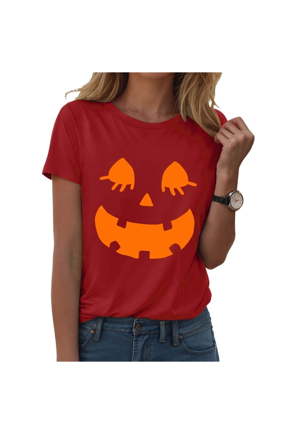 Cute Halloween Shirts for Women,Cute Ghost Halloween T-Shirts - Crew Neck Short Sleeve Cotton Top Fall Graphic Tee Shirt Women (Red,S)