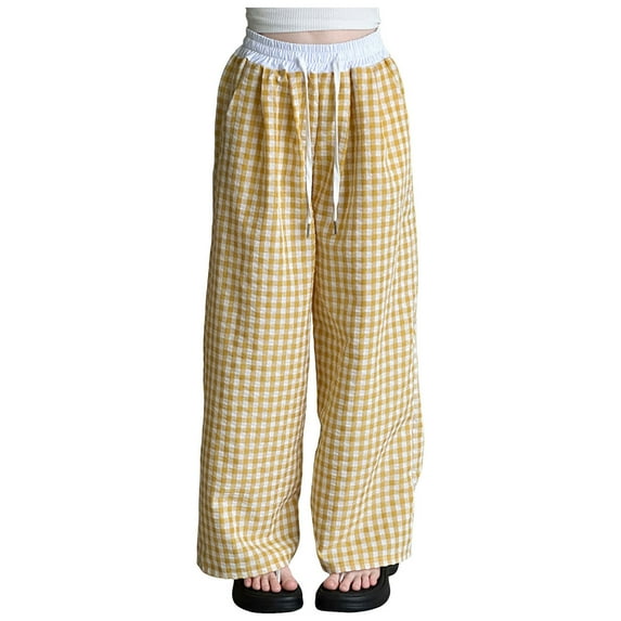 Gubotare Cute Pants for Girls Girls' Plaid Wide Leg Pants Loose High Waist Elastic Waist Trousers Trendy Slant Pocket Pants Size 5T 6T (Yellow,5-6 Years)