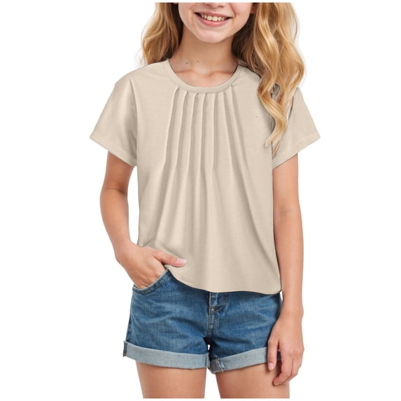 Gubotare Cute Shirts for Girls Girls' Summer Tops Fashionable Short Sleeve T Shirt Casual Daily Shirt for Kids Size 5T 6T (Khaki,5-6 Years)