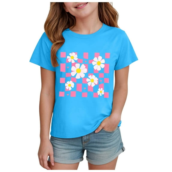 Gubotare Cute Summer Tops for Girls Girls' Short Sleeve Graphic T Shirt Everyday Casual Wear Soft & Comfortable Fit (Sky Blue,Size 13-14 Years)