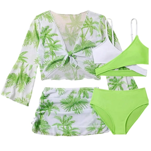 Gubotare Cute Swimsuits for Teen Girls Girl 4 Pieces Bikini Swimsuit with Swim Skirt Short Sleeve Crop Shirts with Tank Top Briefs Cover Up Set Size 10-12 (Green,13-14 Years)
