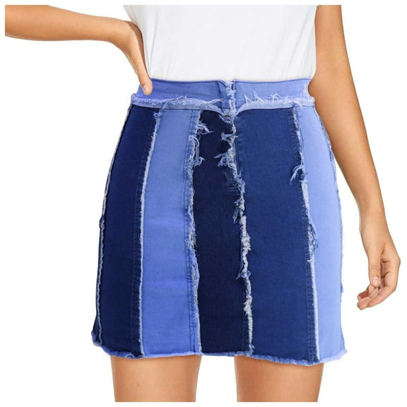 Gubotare Denim Skirt Women Women's Stretch Washed Vintage Jean Skirt Fringed Slim Fit Denim Mini Skirt (Blue,Size L)
