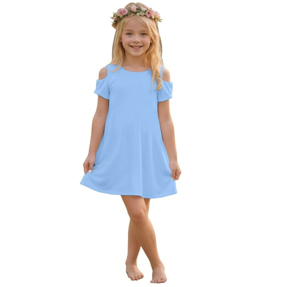 Gubotare Dress Kids Girls Dress Flutter Sleeve A-Line Button Down Sundress Casual Dresses (Sky Blue,Size 7-8 Years)