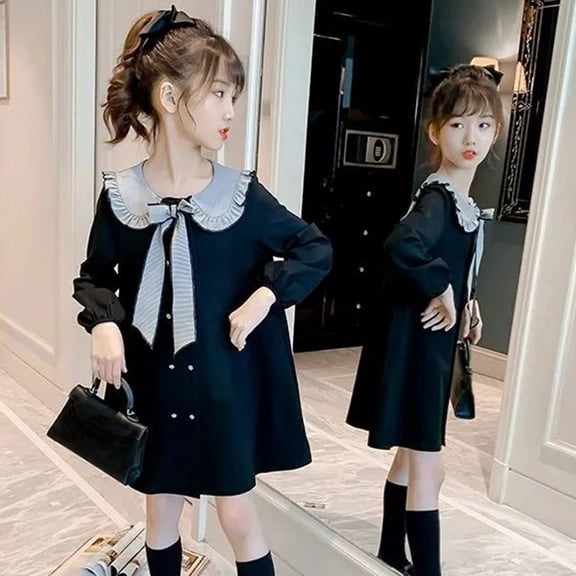 "Gubotare Dress Up Clothes For Little Girls Girl's Contrast Mesh Long Sleeve Neck High Waist Flared A Line Dress,Black 6-8 Years"