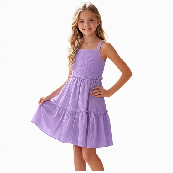 Gubotare Dress for Toddler Girls Girl's Sundresses Summer Boho Strap Tiered Dresses with Pockets Size 13-14 (Purple,13-14 Years)