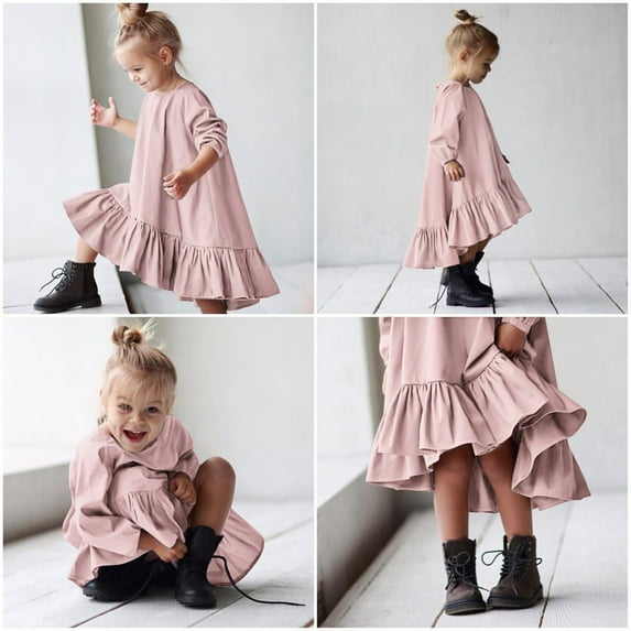 Gubotare Dresses For Girls Kids Little Girls Dress Long Sleeve Solid Color Casual Skater Pocket Dress,Pink 7-8 Years
