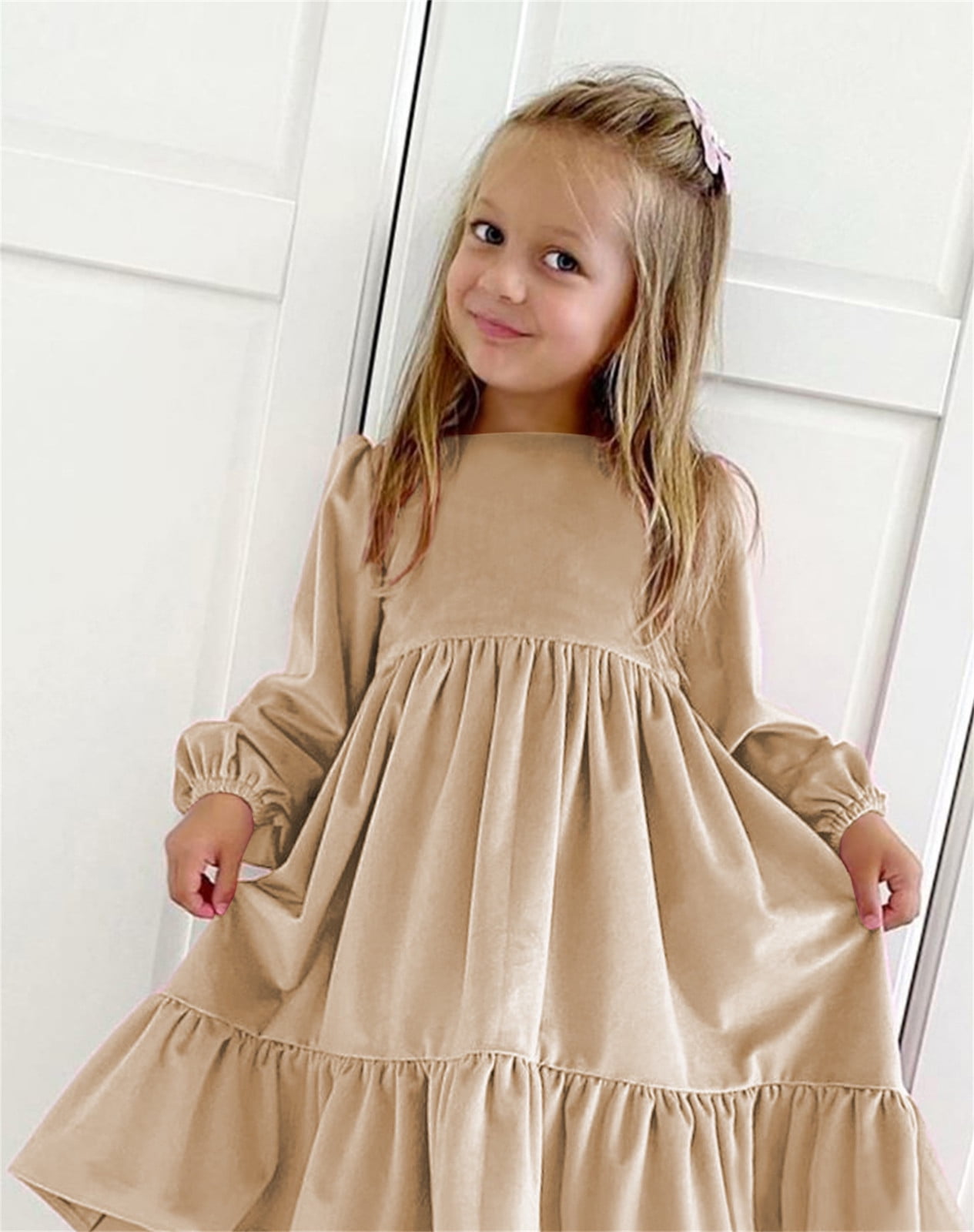 Gubotare Dresses For Little Girls Girls Dress Long Sleeve Pleated A Line Elastic Waist Swiss Dots Flowy Dresss Khaki 9 10 Years