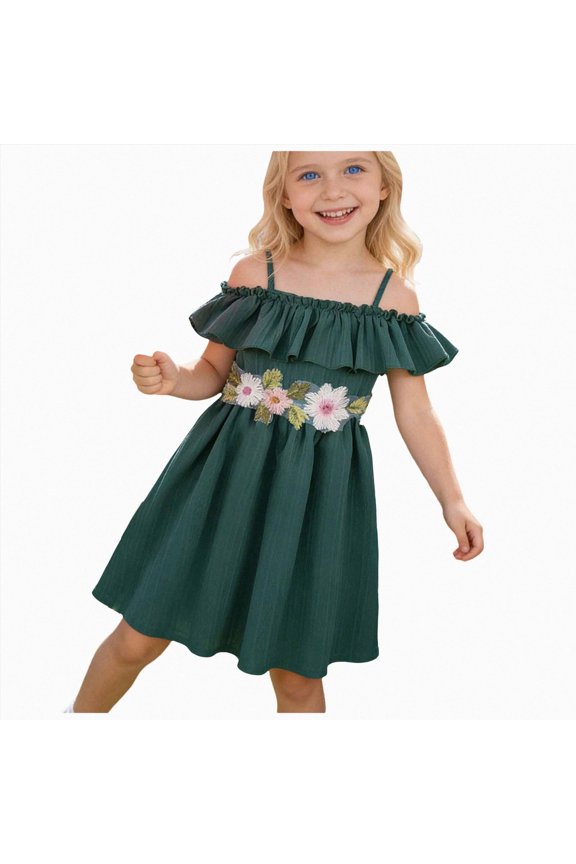 Dresses Girls Baby Girls Dress Casual Flutter Sleeve Swing Sundress Birthday Party Summer Playwear Dresses 2T 3T (Dark Green,2-3 Years)