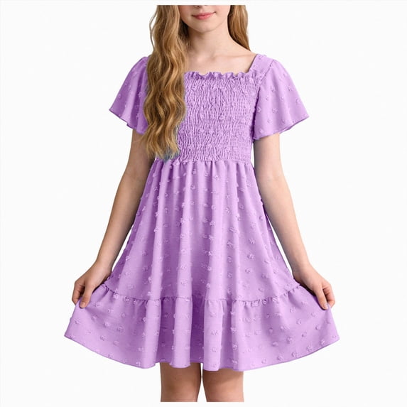 Gubotare Dresses Girls Girls Ruffle Trim Dress Print and Solid Color A-line Swing Flared Belted Casual Party Dress with Zipper Size 8-9 (Purple,8-9 Years)
