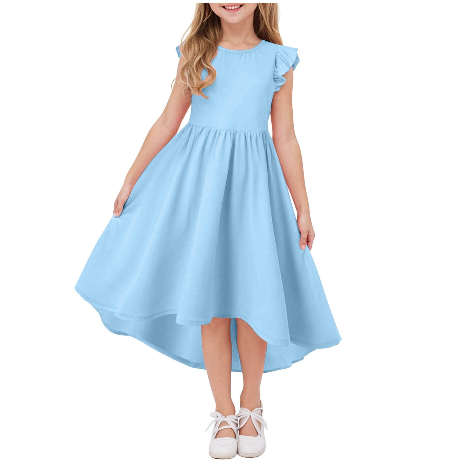 Gubotare Dresses for Teens Girls Summer Girls Casual Dresses Summer Crew  Neck Double Layer Ruffle Sleeve Cute High Low Swing Knee wear (Light  Blue,Size 15-16 Years) - Walmart.com