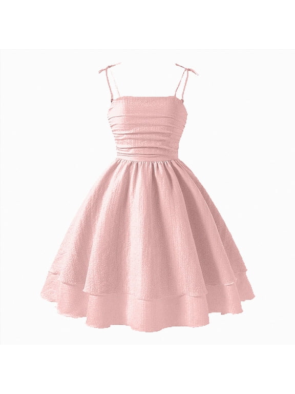 Flower Girl Dresses for Wedding Ruched Bubble Teen Girls Hem Mini Dress Adjustable Spaghetti Strap Summer Dress Size 11-12 (Pink,11-12 Years)