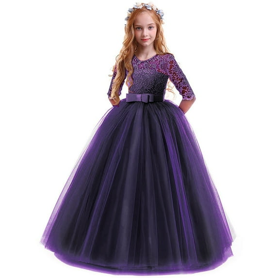 Gubotare Dresses for Girls Girls' Long Sleeve Party Dress Fit and Flare Round Neckline (Purple,11-12 Years)