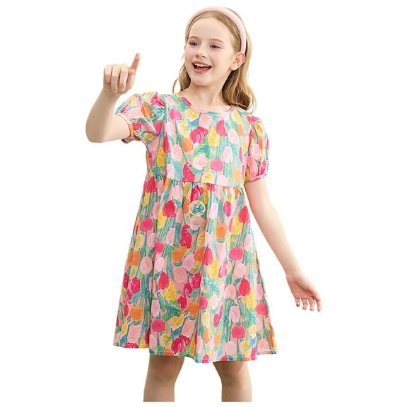 Gubotare Dresses for Teen Girls Girls Short Sleeve Dress Round Neck Button Ruffle Hem Dresses with Belt (Pink,Size 14-15 Years)