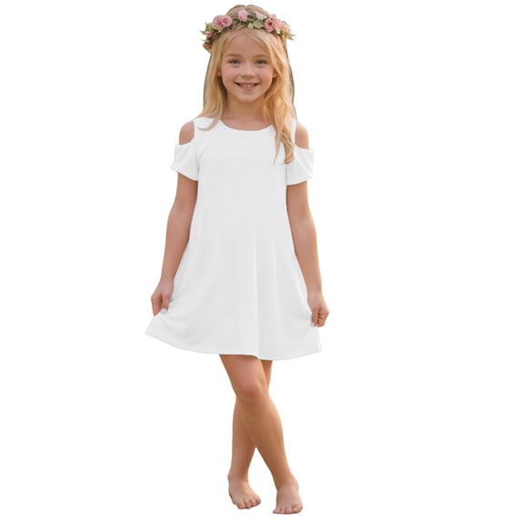 Gubotare Dresses for Teens Girls Girls Cartoon Appliques Dress Summer Short Sleeve Dresses Casual Skirt (White,Size 13-14 Years)