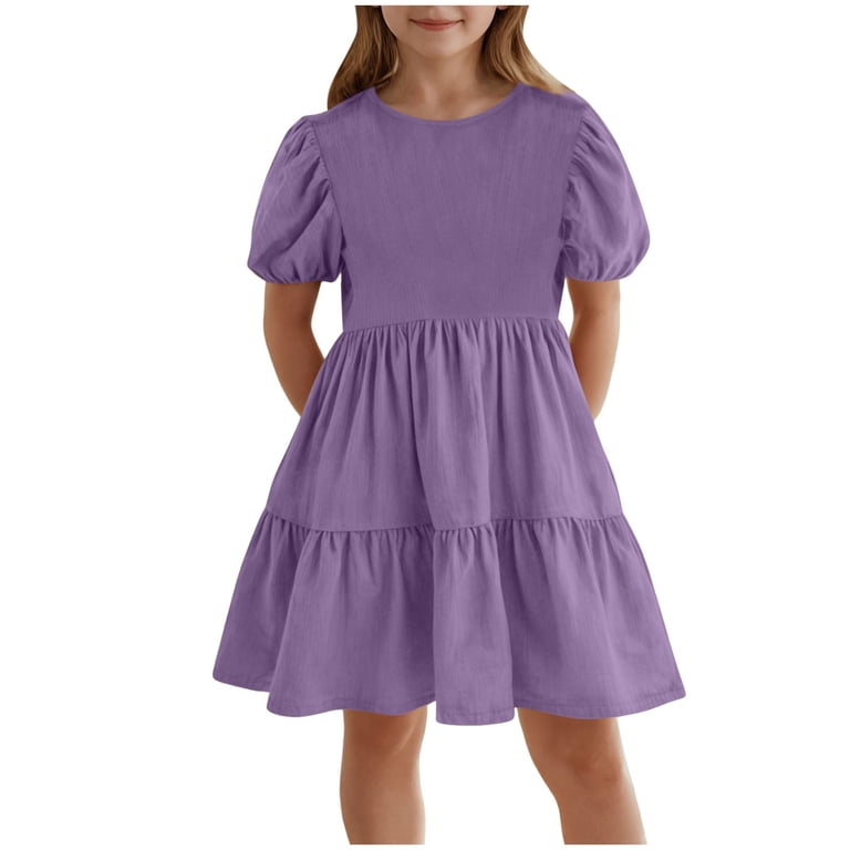 Gubotare Dresses for Teens Girls Girls Floral Spring Summer Dress Ruffled Short Sleeve Mesh A-line Casual Dress (Purple,Size 13-14 Years)