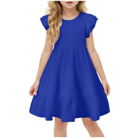 Gubotare Dresses for Tweens Girls Short Sleeve Dress Round Neck Button Ruffle Hem Dresses with Belt (Blue,Size 13-14 Years)