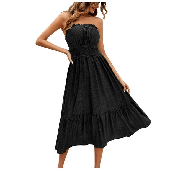 Gubotare Dresses for Women Coverup Summer Dresses for Women 2025 Eyelet Casual Loose Sleeveless Strapless Dresses (Black,Size L)