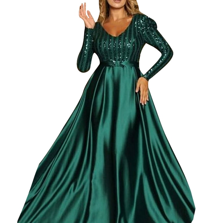 knee length dresses for ladies Green Chiffon Long A-Line Prom Dress, Long Sleeve Evening Graduation D main image 0