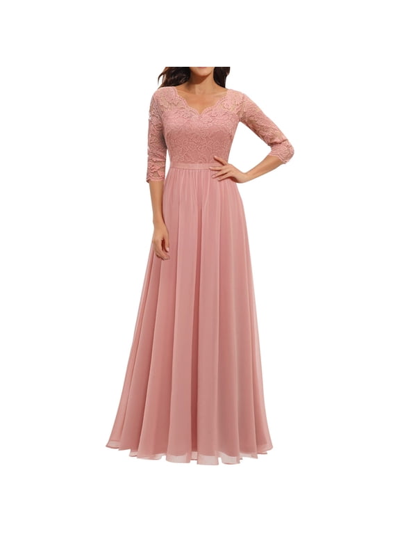 Long 3/4 Sleeve Bride Dresses V Neck Floral Lace Chiffon Formal Dresses Solid Color Elegant Evening Gowns Maxi Dresses Wedding Guest Dresses for Women(Pink,M)