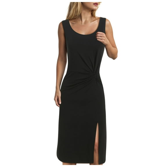 Gubotare Elegant Dresses for Women Women Sexy Tie Low Back Sleeveless Split Mesh Ruched Midi Dress Party Cocktail Long Dress Wedding Guest Dresses (Black,Size M)