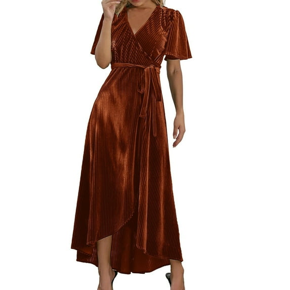 Gubotare Elegant Velvet Dress for Womens Sexy Split Maxi Dress Evening Party Long Dress,Brown M