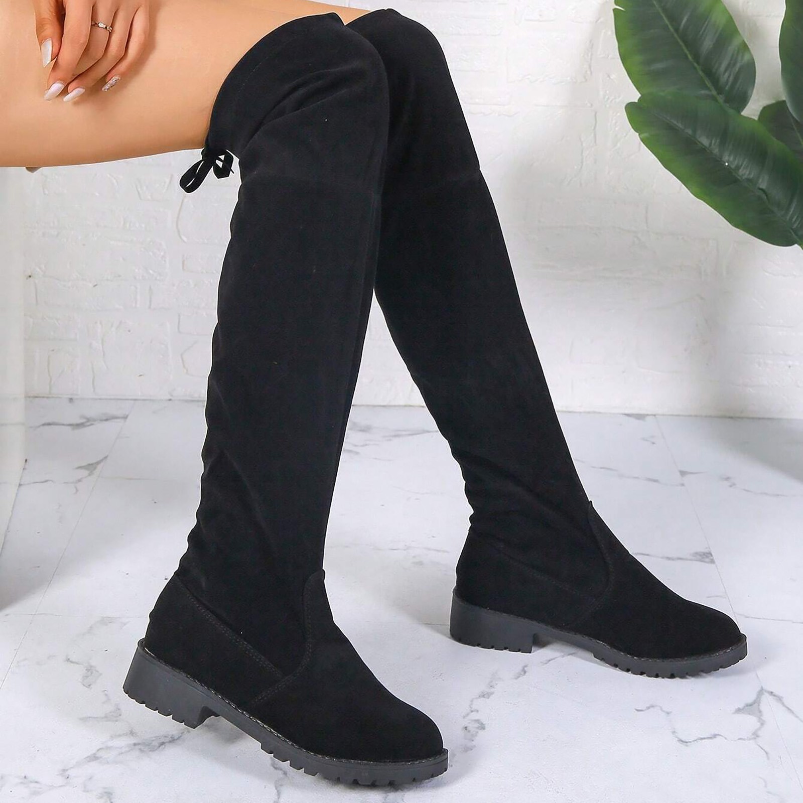 Vepose Women's Suede Over The Knee Boots - Flat Chunky Heel, Side Zipper, Adjustable Tie, Thigh High Boots (Black, 7.5 US)