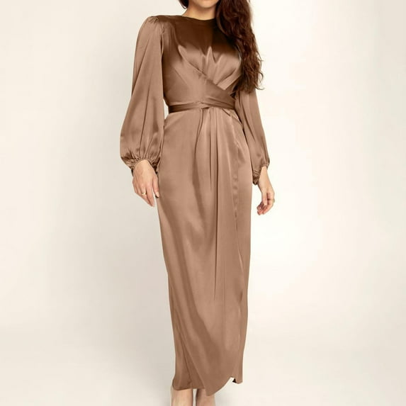 "Gubotare Fall Dresses Women's Classic Tea Dress Long Sleeve V Neck Dress with Belt Swing Party Dresses,Brown M"