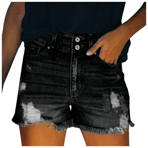 Gubotare Fashion Women Ripped Jeans Shorts High Waist Stretchy Frayed Hem Denim Short Black M