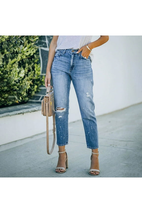 Plus Size Jeans Elastic Waist Women High Waist Baggy Cargo Jeans with Pocket Stretch Distressed Jeans Capri Mom Jean (Blue,M)