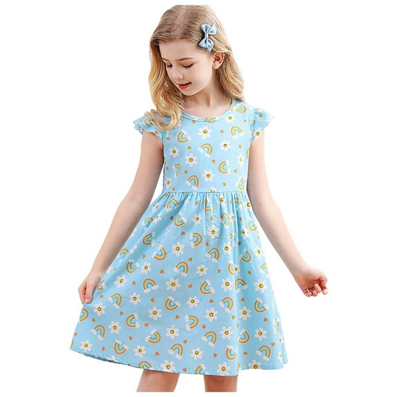Gubotare Floral Dress for Girls Girls Summer Stretchy Dress Short Sleeve Printed Skater Dress (Blue,Size 3-4 Years)