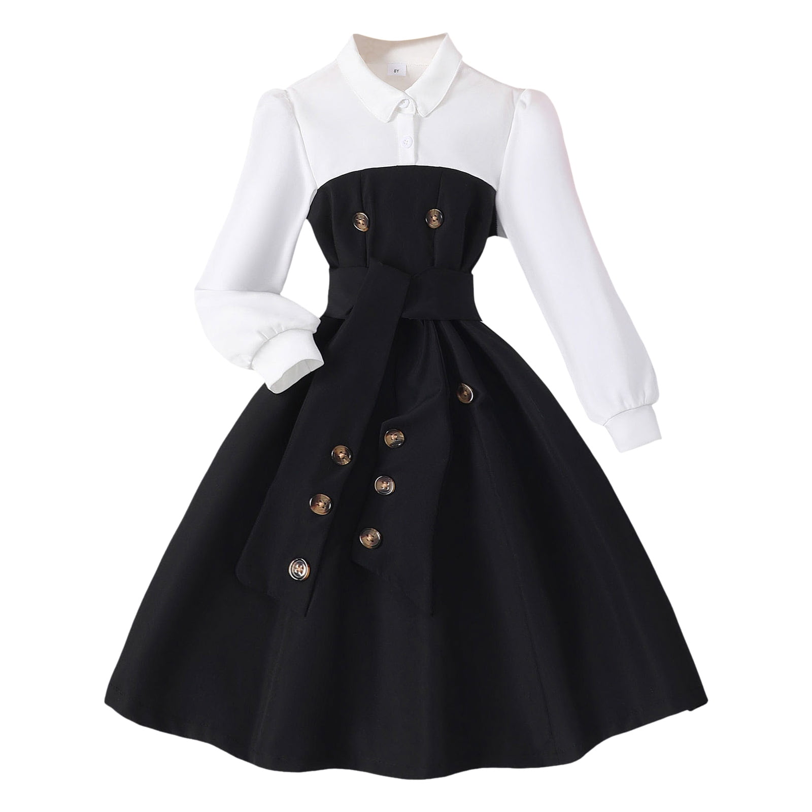 Girls Black Fit & Flare Puff Sleeves Shirt Dress - Black / 11-12 Y