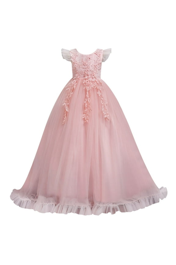 Flower Girl Dress Teen Teen Girl Tulle Dress Summer Puffy Sleeve Tween Girl Party Casual Dresses (Pink,Size 13-14 Years)