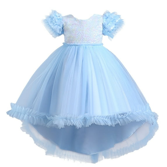 Gubotare Flower Girl Dress Toddler Girls Elegant Ruffle Short Sleeve Back Tie Dresses (Sky Blue,Size 5-6 Years)