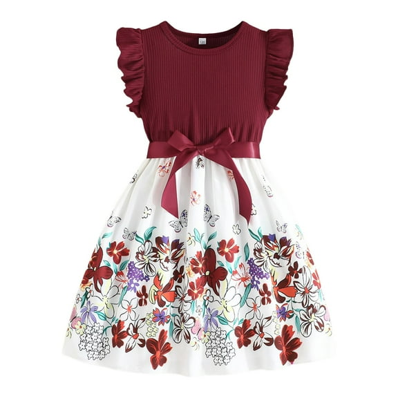 Gubotare Flowy Girls Dress Girls Short Sleeve Dress Round Neck Button Ruffle Hem Dresses with Belt Size 4-5T (RD2,4-5 Years)