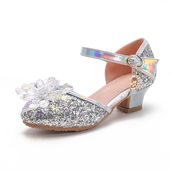 Gubotare Formal Shoes for Girls Girls Low Heeled Dress Shoes Bows Low Heel Princess Flower Wedding Party for Toddler Girls (Silver,Big Kids 2)