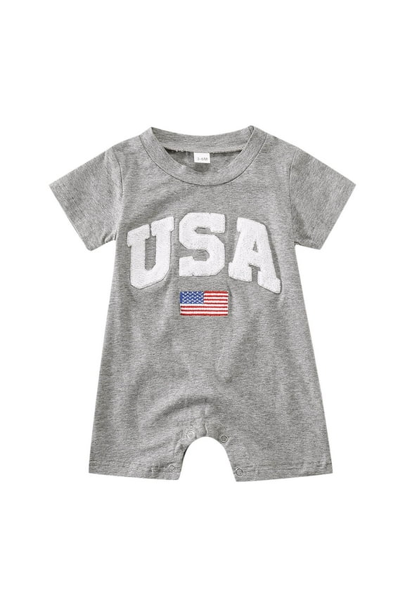 Fourth of July Baby Boy Girl Outfit USA Romper Short Sleeve Jumpsuit Embroidery First 4th of July Outfit,Grey 3-6 Months
