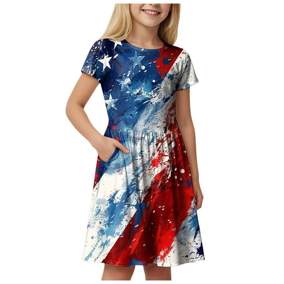 Gubotare Fourth of July Girl Dress Toddler Girl Outfit Smocked Dress Flutter Sleeve Retro Plaid Dress Cake Smash (Blue,Size 9-10 Years)