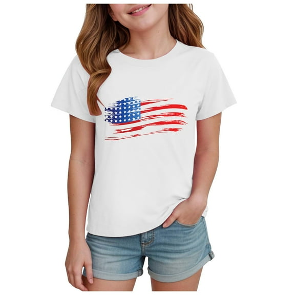 Gubotare Fourth of July Shirts for Girls Girls' Short Sleeve Summer T Shirts Soft Tee Tops (White,Size 3-4 Years)