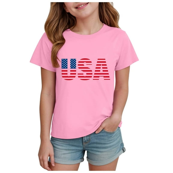 Gubotare Fourth of July Shirts for Girls Girls' Summer Short Sleeve Shirts Casual Cute Crew Neck Blouses Tops (Pink,Size 13-14 Years)