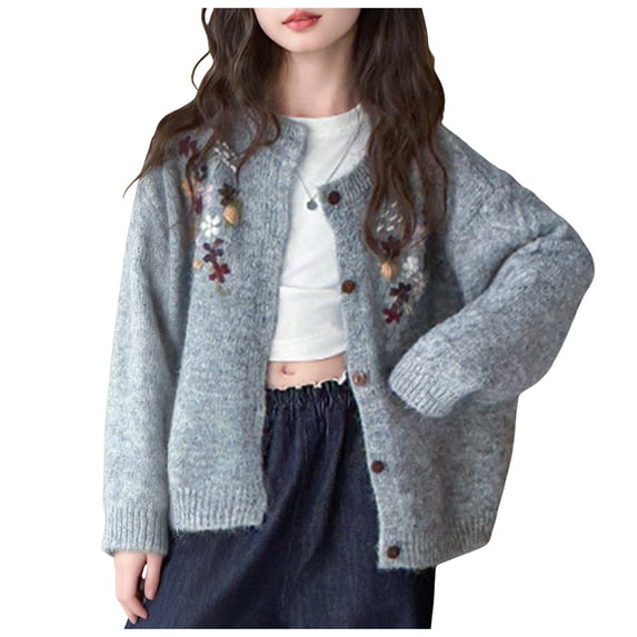 Gubotare Girl Cardigan Sweater Uniform Girls Open Front Cardigan Long Sleeve Casual Kids Fall Clothes Chunky Sweater Coat Size 13-14 (Grey,13-14 Years)