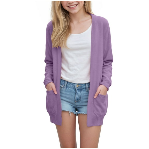 Gubotare Girl Cardigans with Pockets Girls Long Sleeve Casual Cardigan Kids Open Front Soft Knit Sweater Size 9-10 (Purple,9-10 Years)