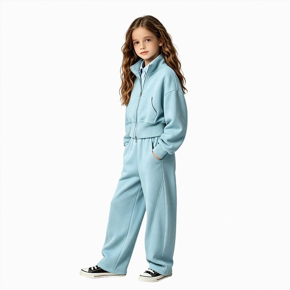 Gubotare Girl Clothes Winter Girls' Tracksuit Set Wide Leg Pants Solid Long Sleeve Stand Collar Sports & Active Wear 7T 8T (Blue,7-8 Years)