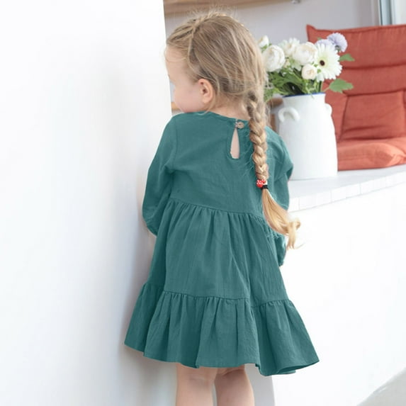 Gubotare Girl Dress Girl's Contrast Mesh Long Sleeve High Waist A Line Long Dress (Navy,5-6 Years)