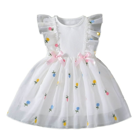 Gubotare Girl Dress Toddler Baby Girl Tutu Tulle Dress Ruffle Back Bowknot Princess Party Dresses (White,Size 12-24 Months)