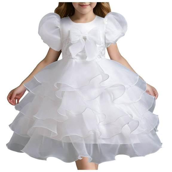 Gubotare Girl Dresses Girls Dress Summer Ruffle Sleeve Mesh A Line Casual Party Dresses with Pockets,White 8-9 Years