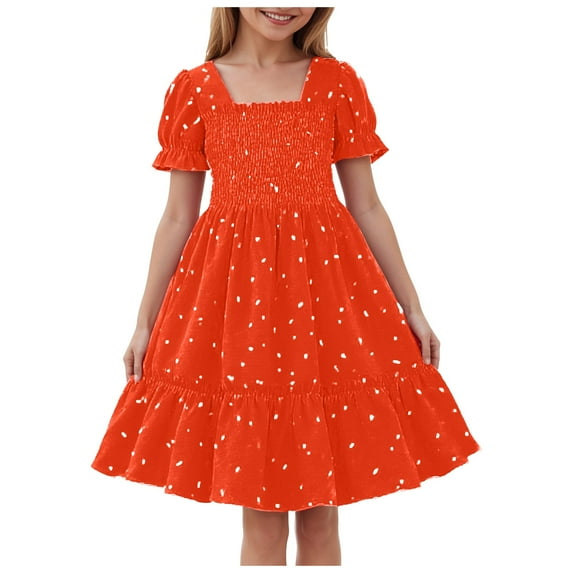 Gubotare Girl Dresses Girls Elegant Ruffle Short Sleeve Back Tie Dresses (Orange,5-6 Years)