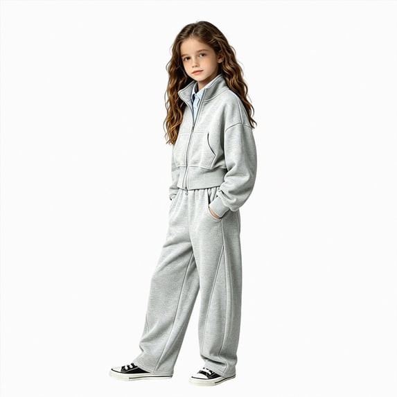 Gubotare Girl Fall Outfits Girls' Tracksuit Set Wide Leg Pants Solid Long Sleeve Stand Collar Sports & Active Wear Size 9-10 (Grey,9-10 Years)